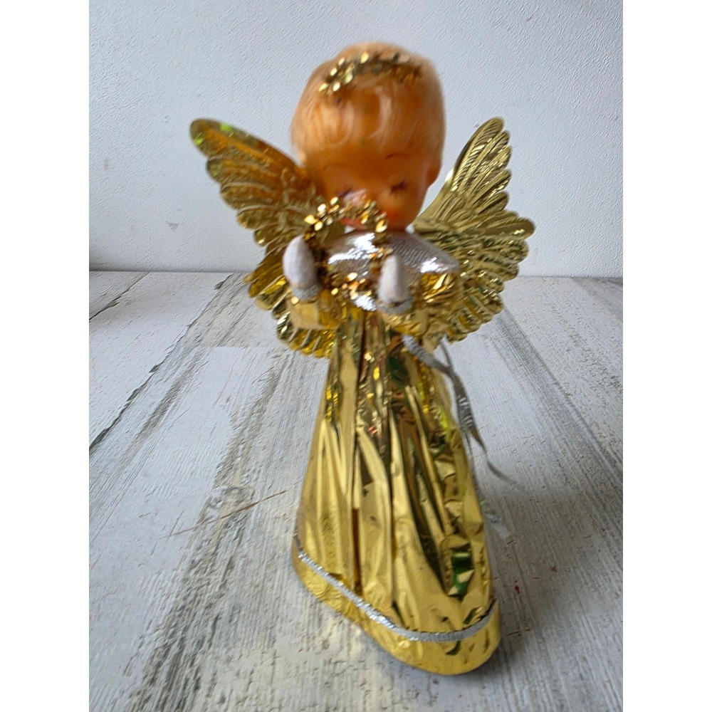 Vintage Japan paper Angel cheer up tree topper gold tinsel Xmas tree
